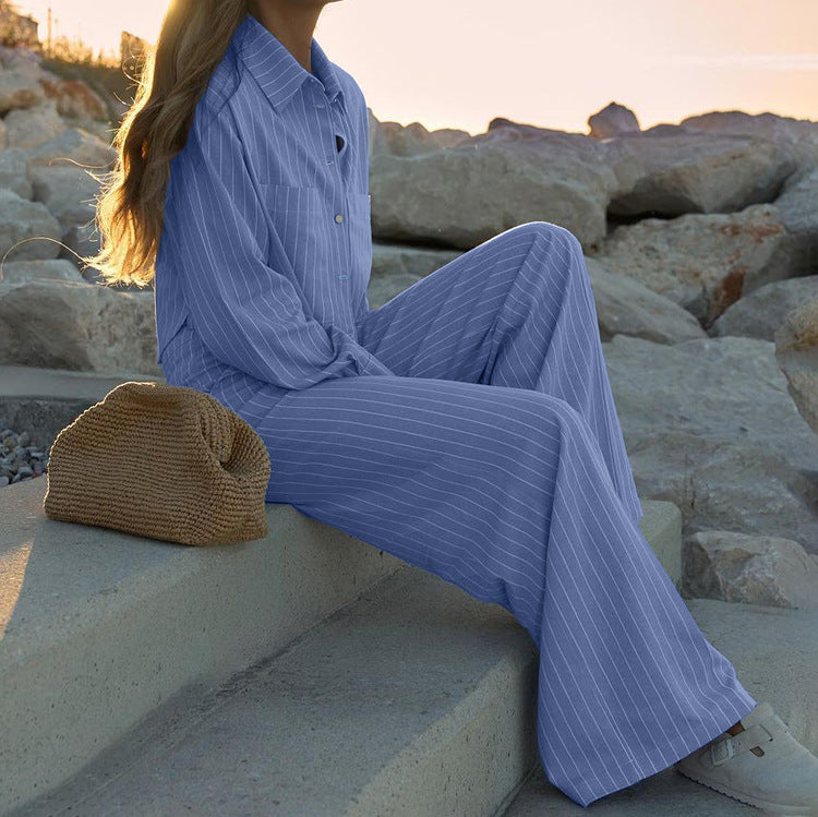Striped Collared Long Sleeve Shirt & Loose Wide Leg Set