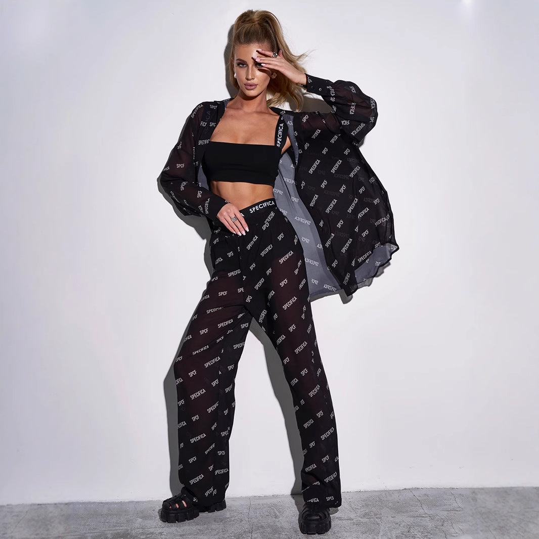 Sunscreen Shirt & Printed Chiffon Trousers Sets