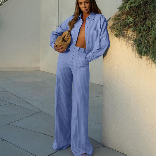 Striped Collared Long Sleeve Shirt & Loose Wide Leg Set